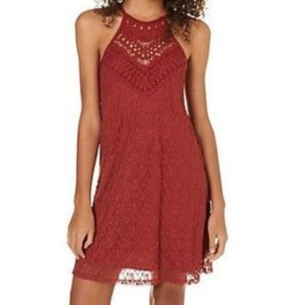 BeBop Rust Red Halter Tank Dress M EUC Crochet Floral Lace Keyhole Midi Boho